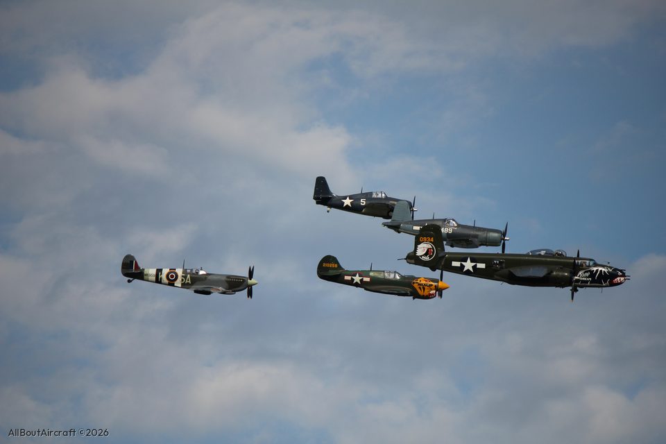 Spitfire, navy fighters, a P-40 and B-25 Betty's Dream