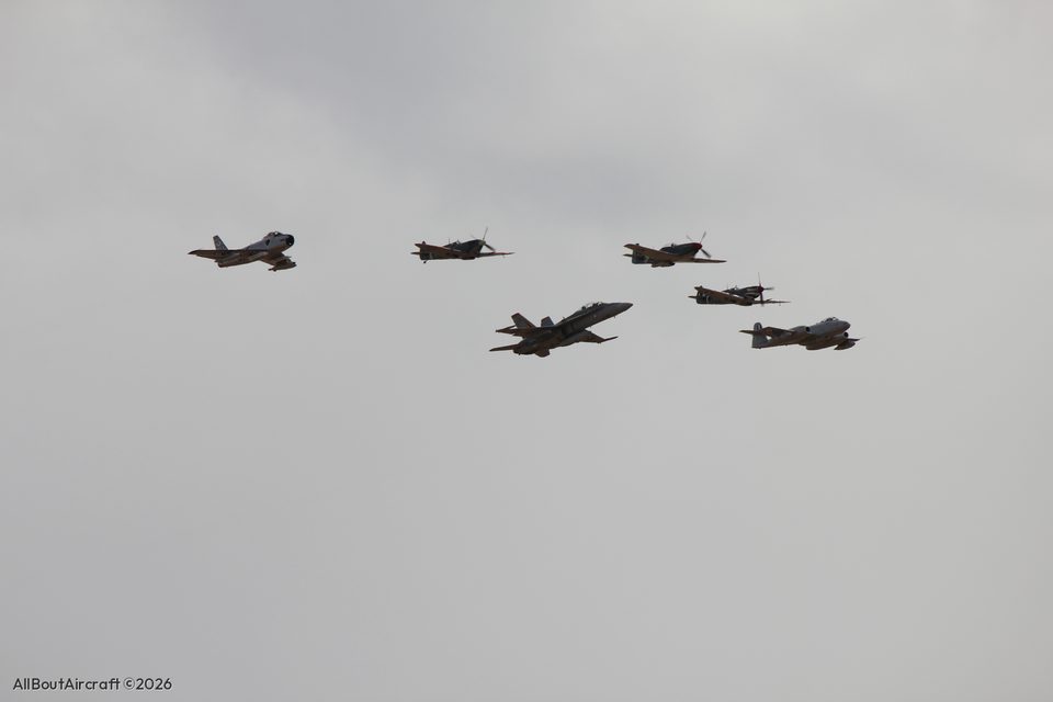 Mustang, two Spitfires, Meteor, Sabre and Hornet